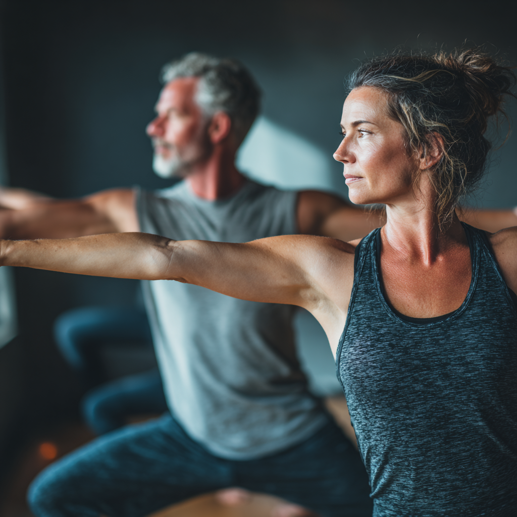 Experienced adult instructor guiding middle-aged student through mindful yoga postures