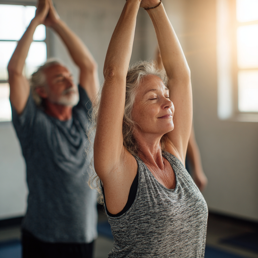 Mature adults enjoying gentle yoga practice in natural lighting studio environment